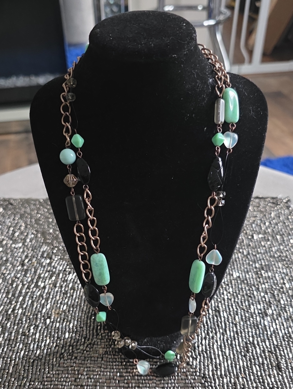 Lia Sophia Mint Green and Black Multi-Strand Beaded Necklace